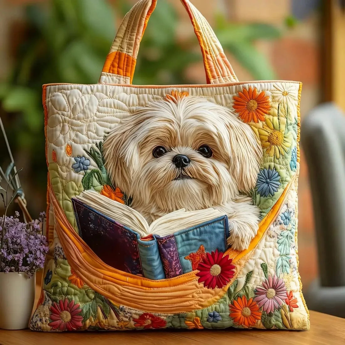 Handmade Shih Tzu Bag with Book and Flowers – tote bag | Atelier Tan Singapore