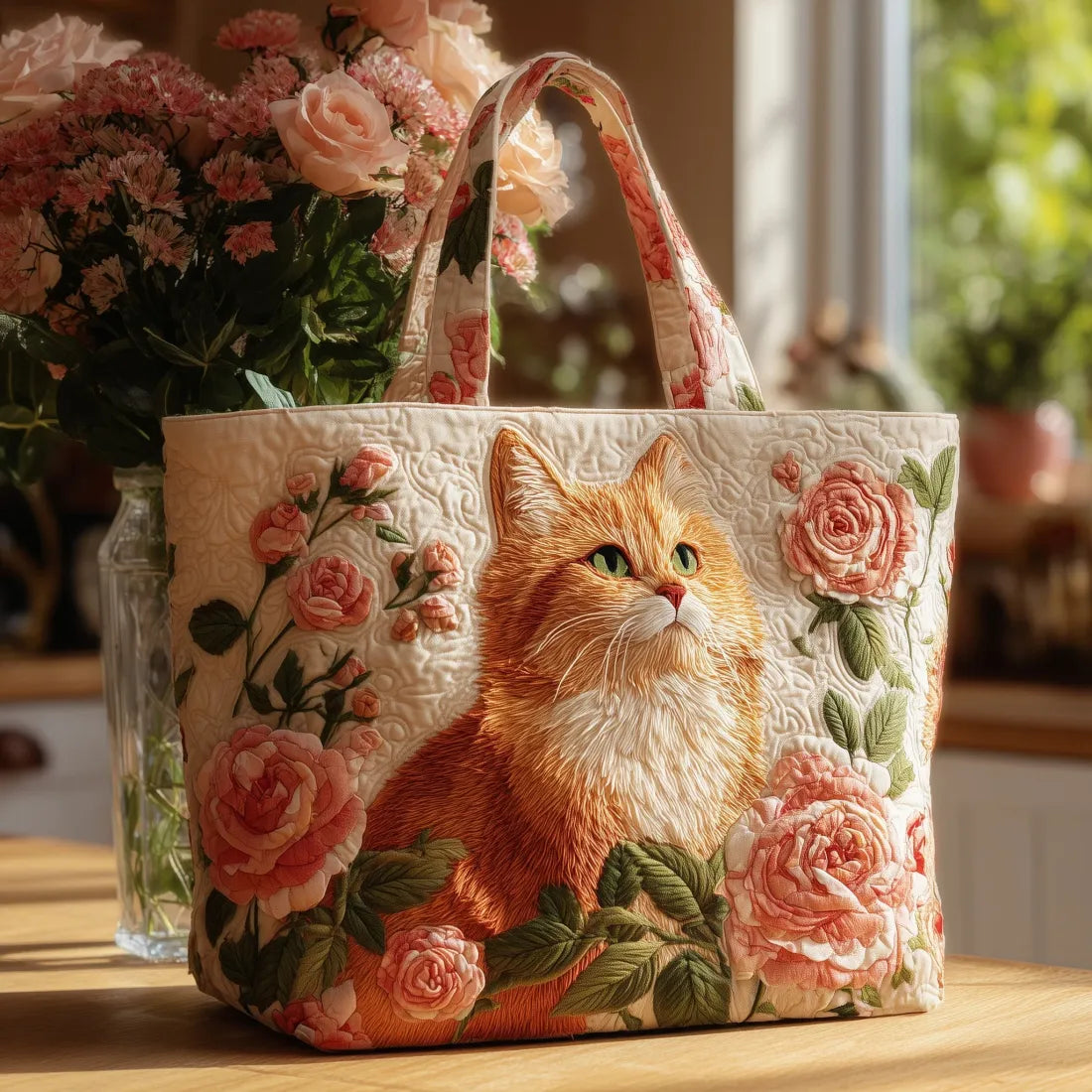 Handmade Red Cat Bag with Roses – tote bag | Atelier Tan Singapore