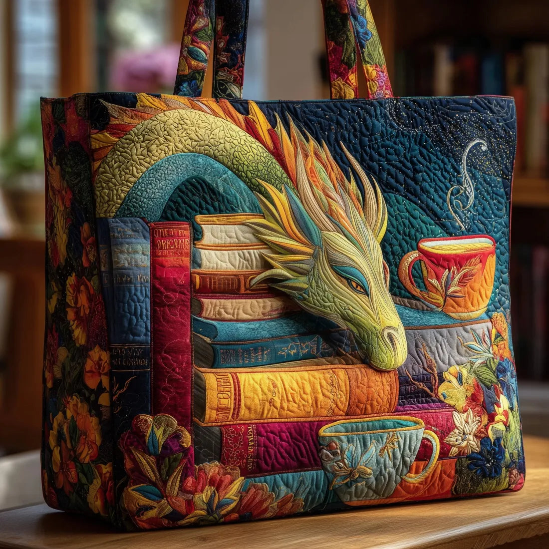 Handmade Dragon Shoulder Bag with Books and Mugs – tote bag | Atelier Tan Singapore
