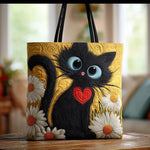 Handmade Black Cat Bag with Heart and Daisies – tote bag | Atelier Tan Singapore