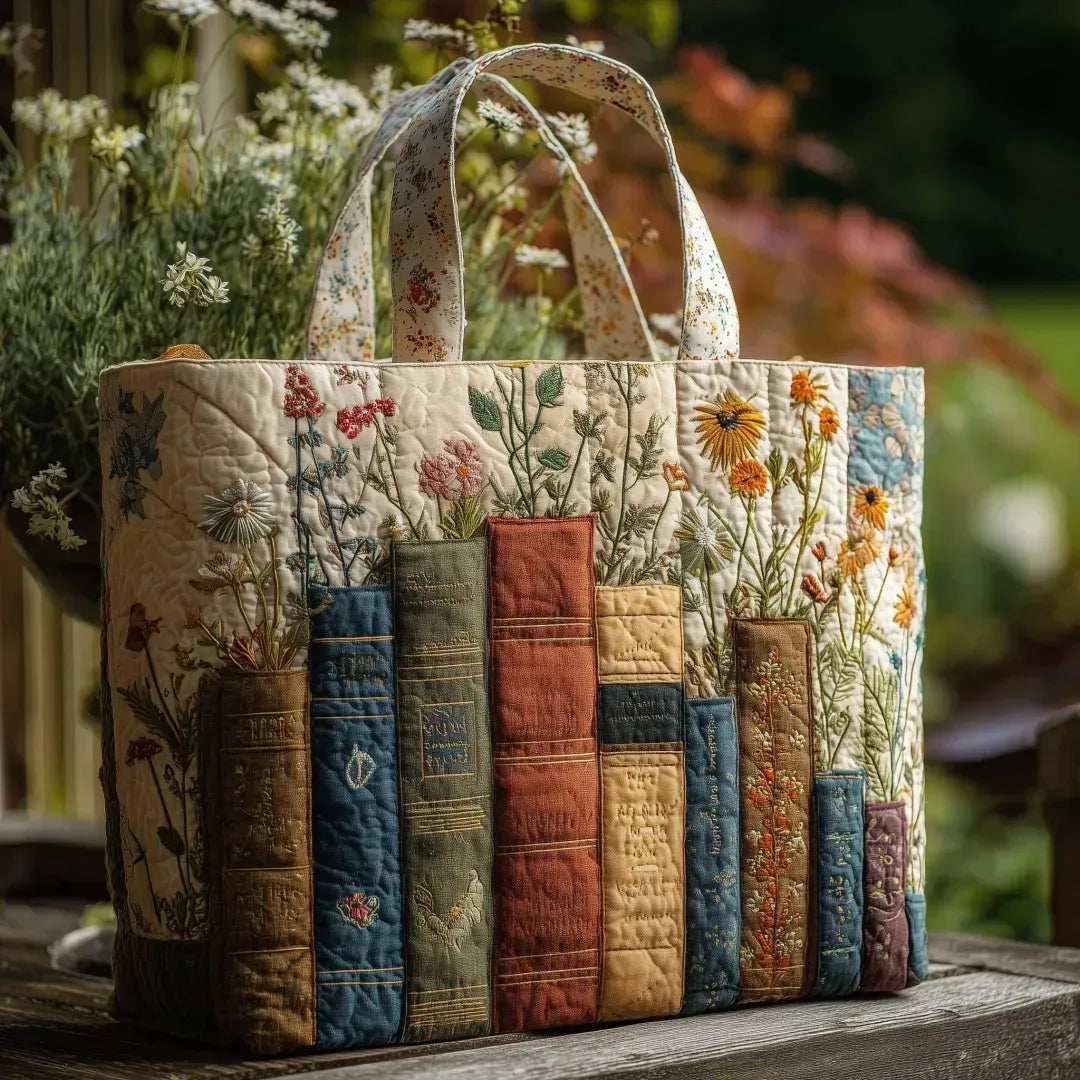 Quilted Handcrafted Bag: Books and Flowers – tote bag | Atelier Tan Singapore