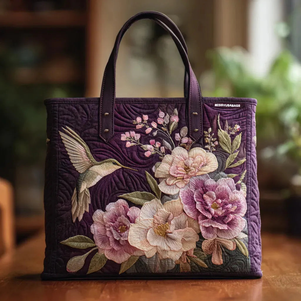 Quilted Purple Tote Bag with Hummingbirds and Orchids – tote bag | Atelier Tan Singapore